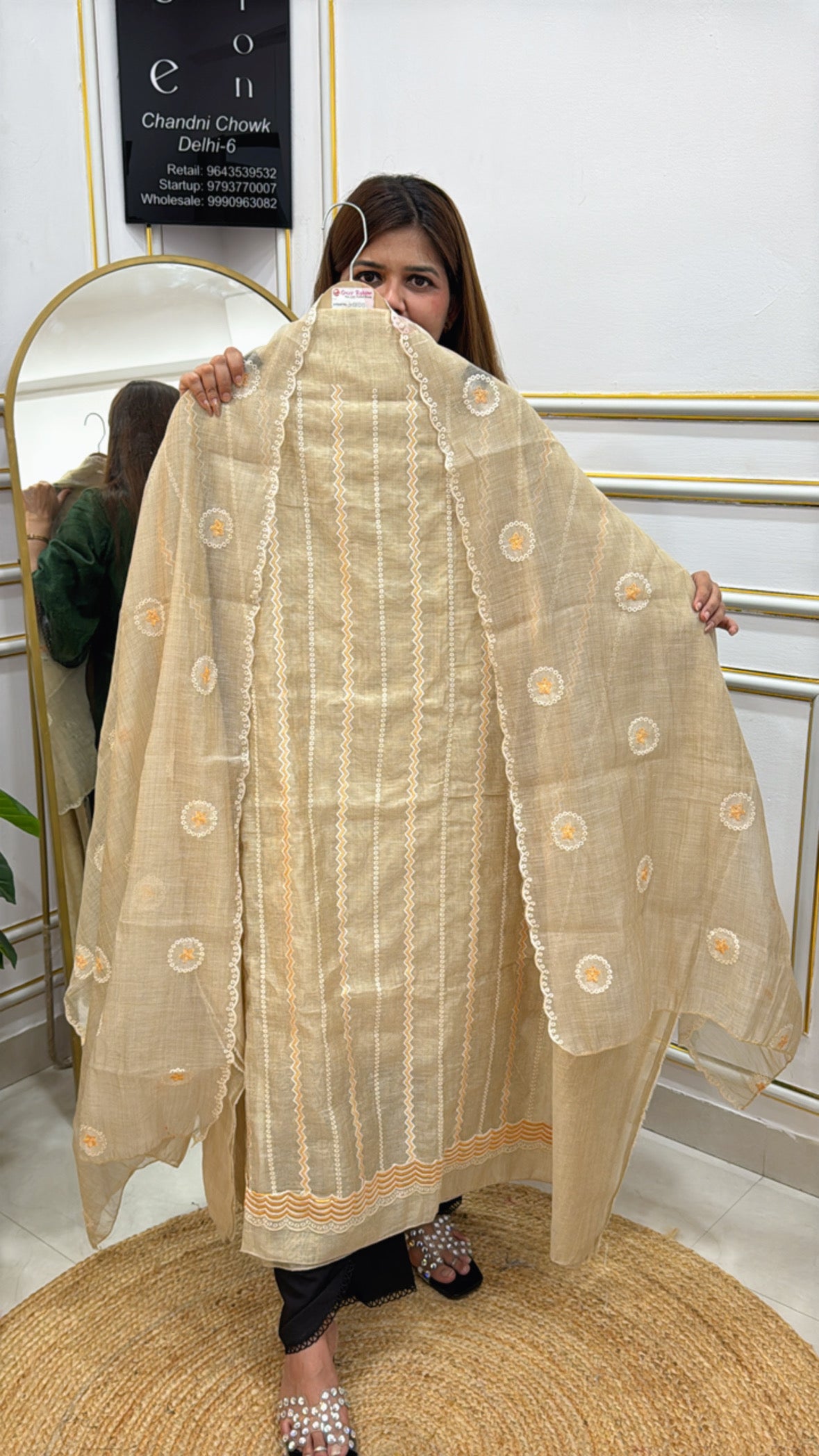 Stylish linen Jamdhani unstitched suits in beige with floral patterns and delicate details